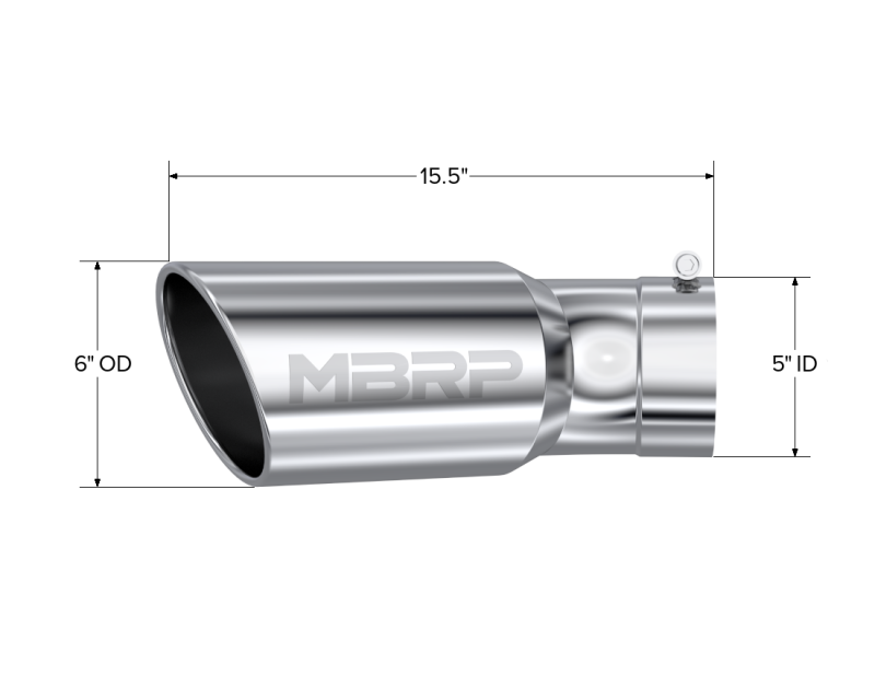 MBRP Universal Tip 6in OD 5in Inlet 15.5in Length 30 Deg Bend Angled Rolled End T304